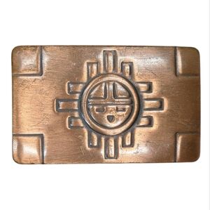 Vintage Antique Copper Aztec Sun Rectangular Belt Buckle Chambers Belt Co